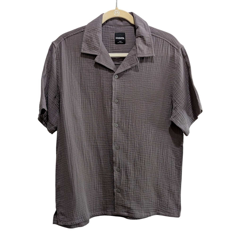 RSQ Mens Camp Shirt Small Short‎ Sleeve Dark Gray Cotton Gauze Button Up